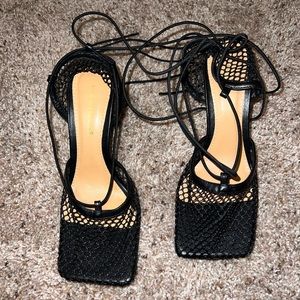 UNIQUE SQUARE TOE MESH NET HIGH HEEL PUMPS - EMERALD GREEN